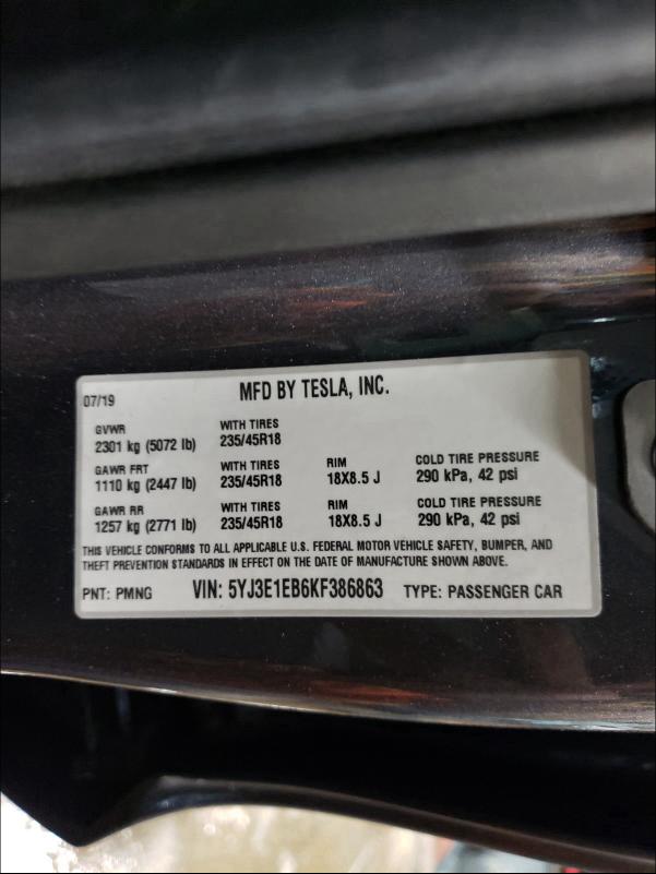 2019 TESLA MODEL 3 5YJ3E1EB6KF386863