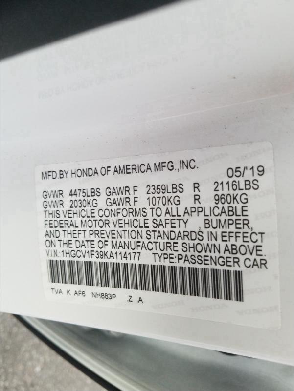 2019 HONDA ACCORD 1HGCV1F39KA114177