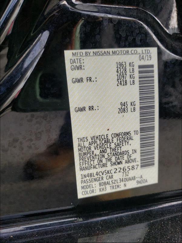 2019 NISSAN ALTIMA SR 1N4BL4CV5KC226587