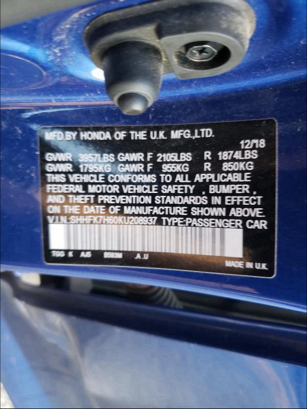 2019 HONDA CIVIC EX SHHFK7H60KU208937