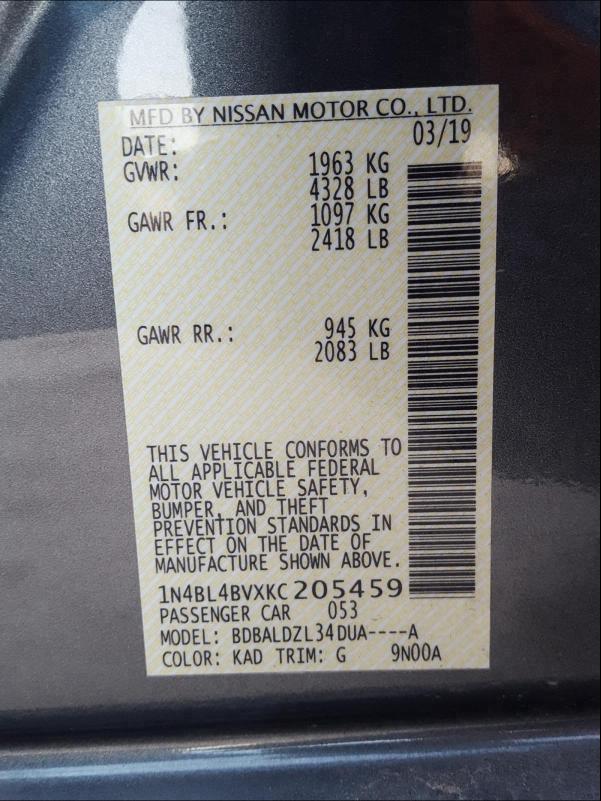 2019 NISSAN ALTIMA S 1N4BL4BVXKC205459