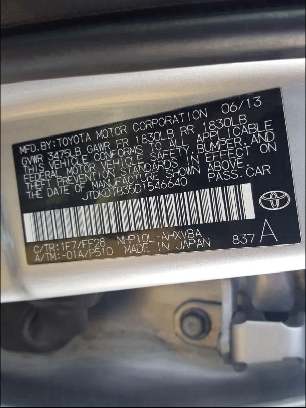 2013 TOYOTA PRIUS C JTDKDTB35D1546640