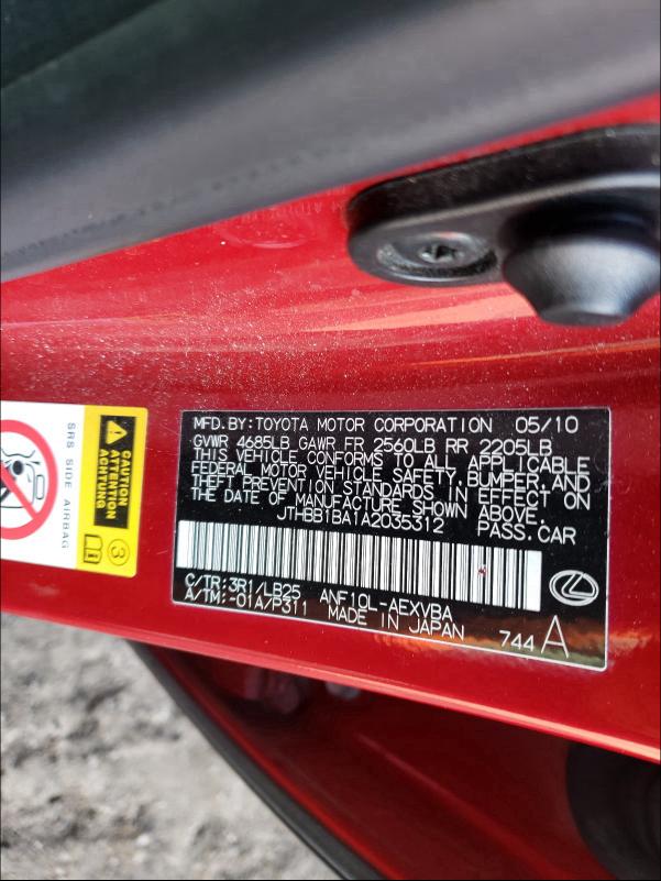 2010 LEXUS HS 250H JTHBB1BA1A2035312