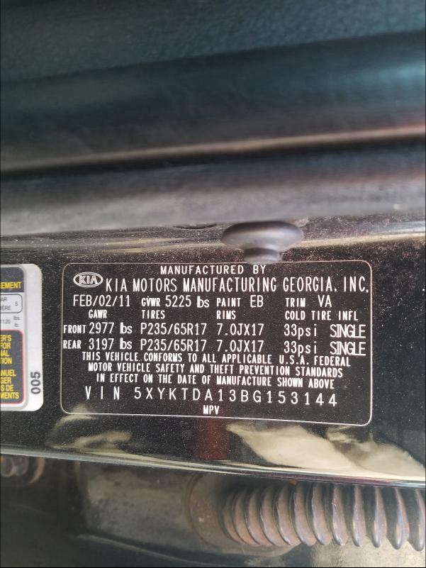 2011 KIA SORENTO BA 5XYKTDA13BG153144