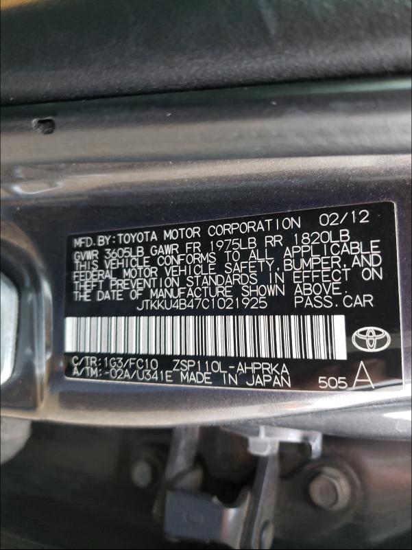 2012 TOYOTA SCION XD JTKKU4B47C1021925