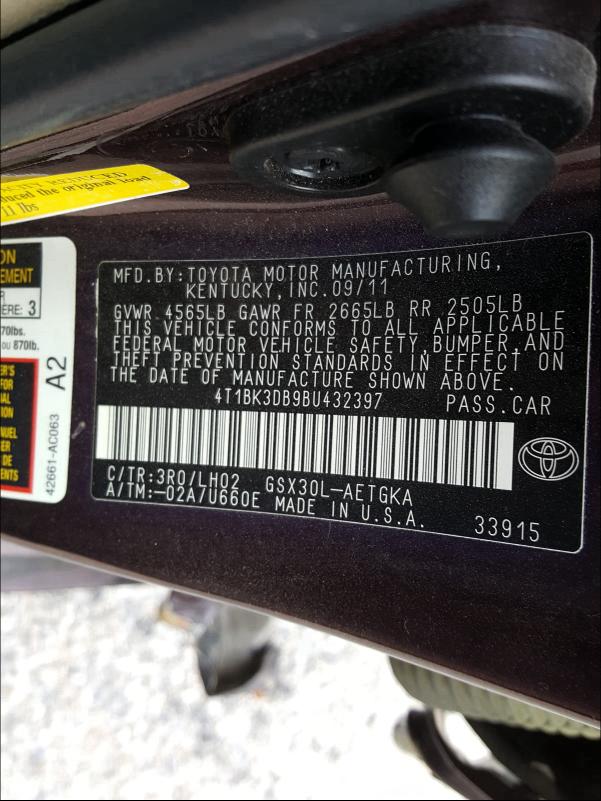 2011 TOYOTA AVALON BAS 4T1BK3DB9BU432397