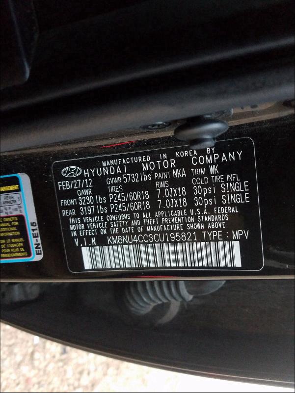 2012 HYUNDAI VERACRUZ G KM8NU4CC3CU195821