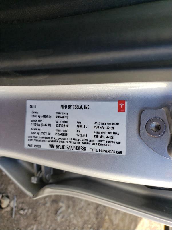 2018 TESLA MODEL 3 5YJ3E1EA7JF036938