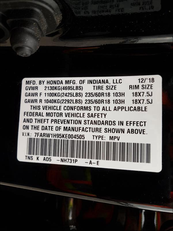 2019 HONDA CR-V TOURI 7FARW1H95KE004505