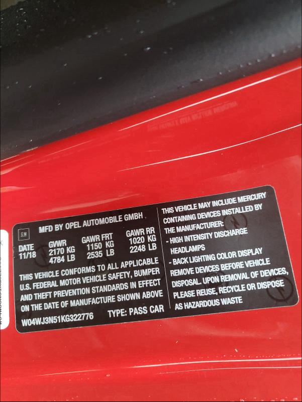 2019 BUICK CASCADA SP W04WJ3N51KG322776