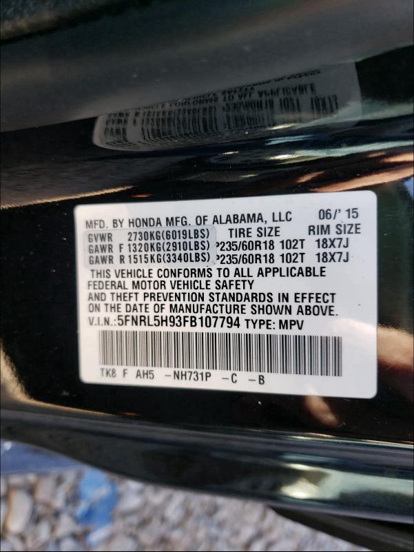 2015 HONDA ODYSSEY TO 5FNRL5H93FB107794