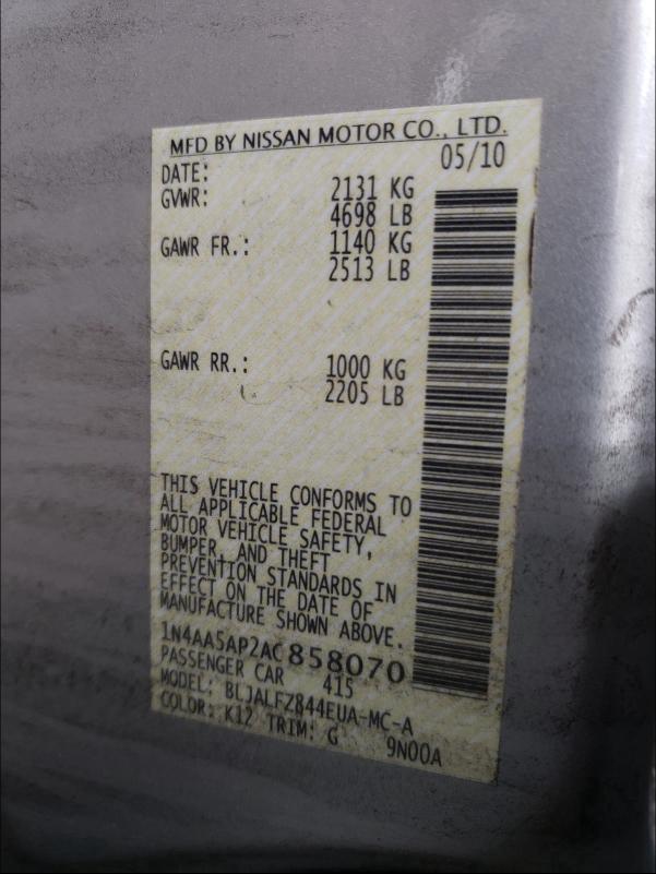 1N4AA5AP2AC858070 2010 Nissan Maxima S 3.5L