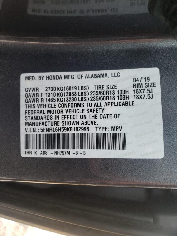 2019 HONDA ODYSSEY EX 5FNRL6H59KB102998