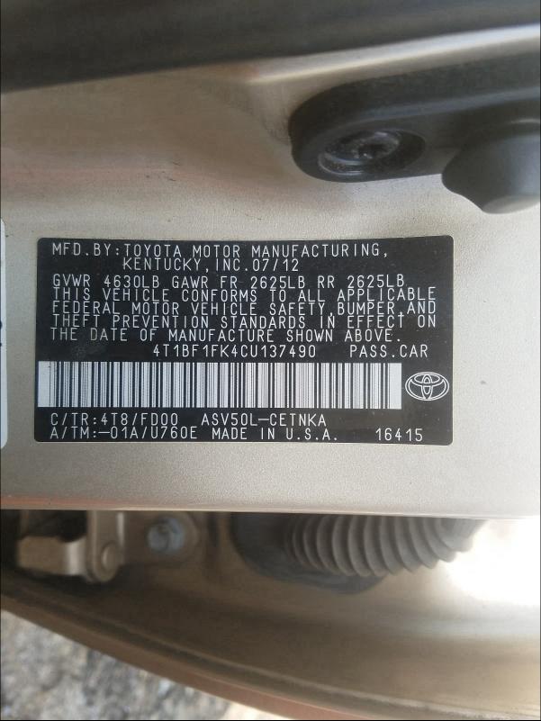 2012 TOYOTA CAMRY BASE 4T1BF1FK4CU137490