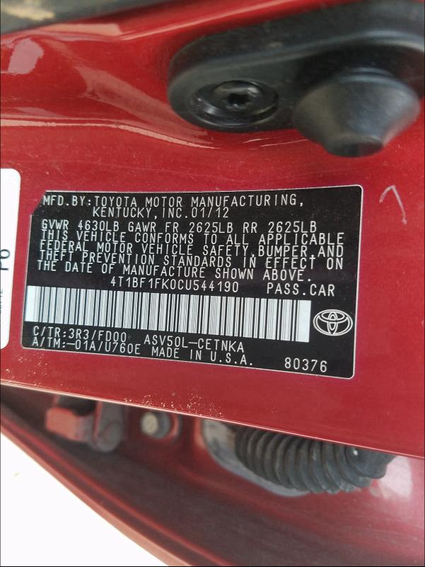 2012 TOYOTA CAMRY BASE 4T1BF1FK0CU544190