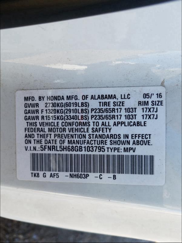 2016 HONDA ODYSSEY EX 5FNRL5H68GB103795
