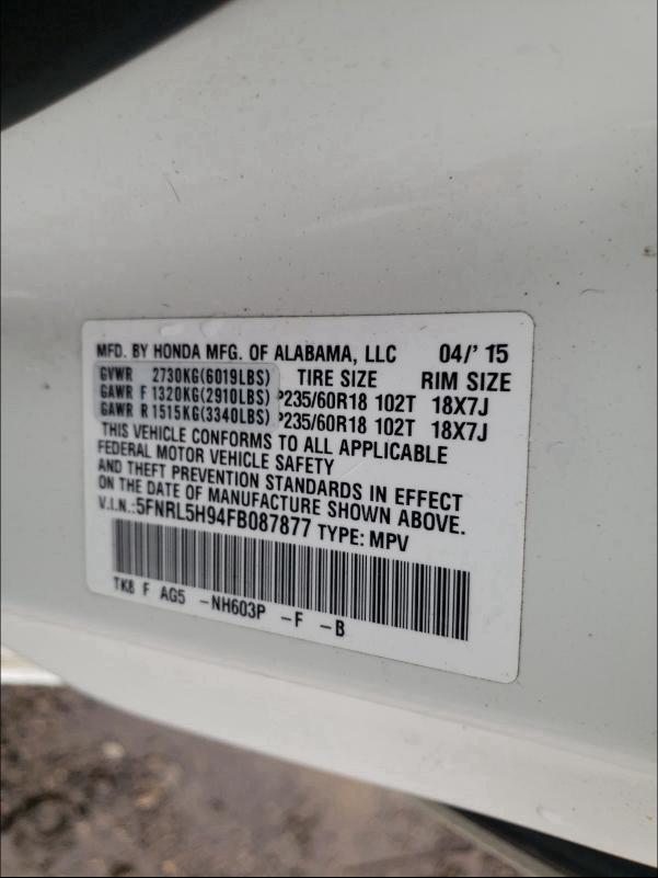 2015 HONDA ODYSSEY TO 5FNRL5H94FB087877