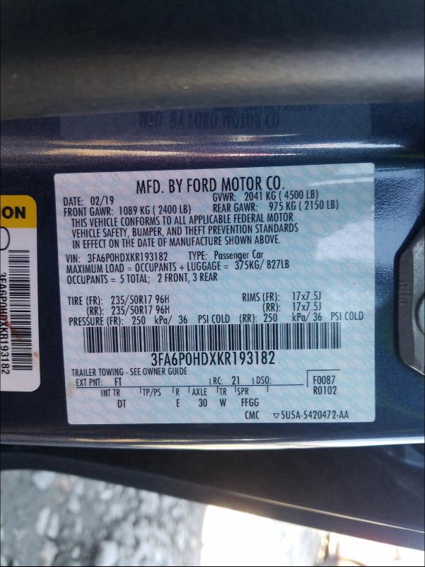 Auction sale of the 2019 FORD FUSION , vin: 3FA6P0HDXKR193182, lot number: 60005730
