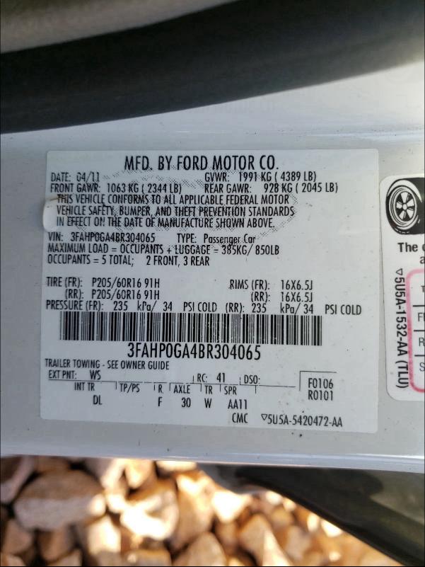 2011 FORD FUSION S 3FAHP0GA4BR304065