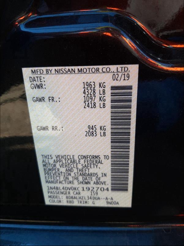 2019 NISSAN ALTIMA SV 1N4BL4DV0KC192704
