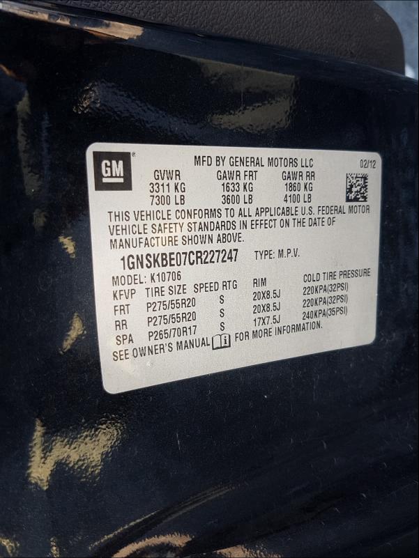 2012 CHEVROLET TAHOE K150 1GNSKBE07CR227247