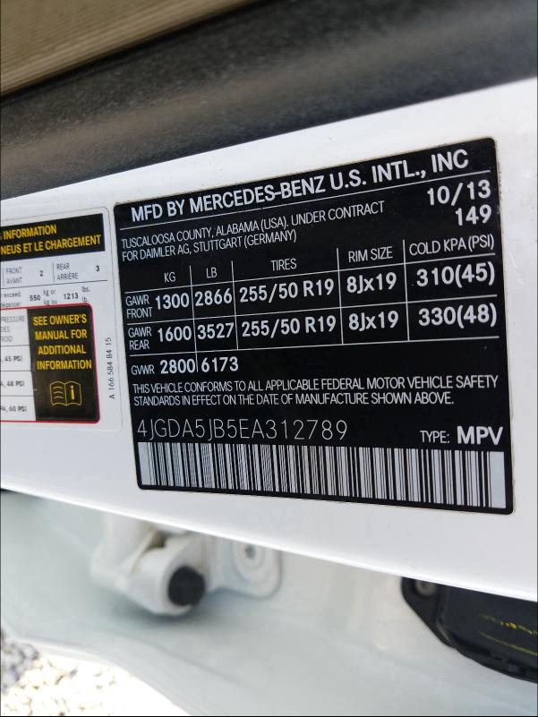 2014 MERCEDES-BENZ ML350 4JGDA5JB5EA312789