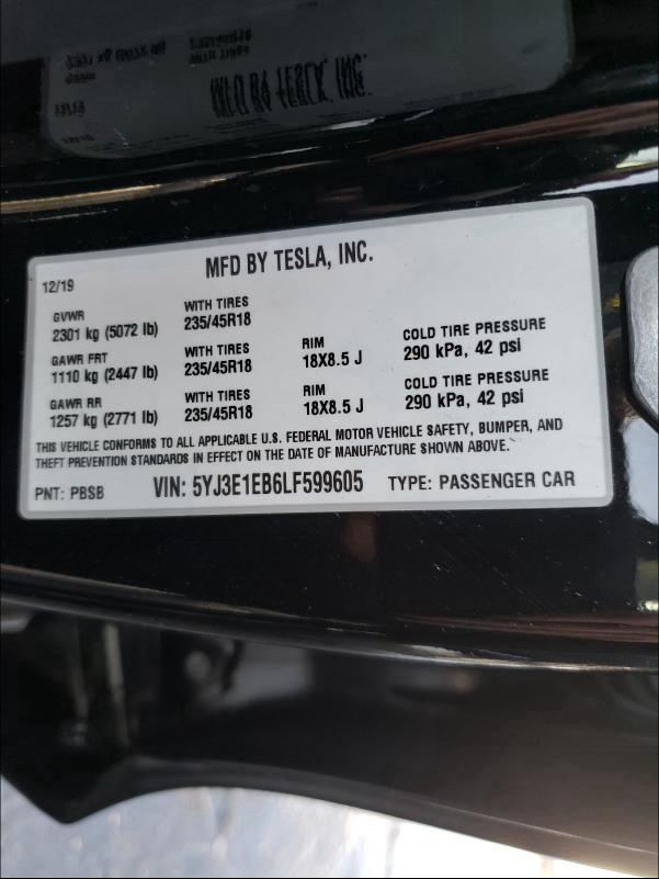 2020 TESLA MODEL 3 5YJ3E1EB6LF599605