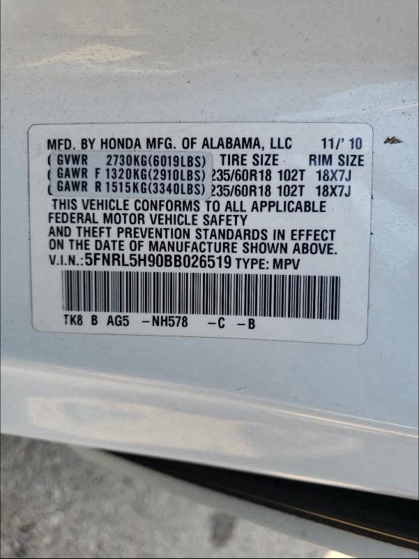 2011 HONDA ODYSSEY TO 5FNRL5H90BB026519