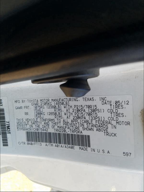 2012 TOYOTA TACOMA 5TFNX4CN1CX015442