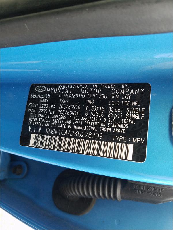 2019 HYUNDAI KONA SE KM8K1CAA2KU278209