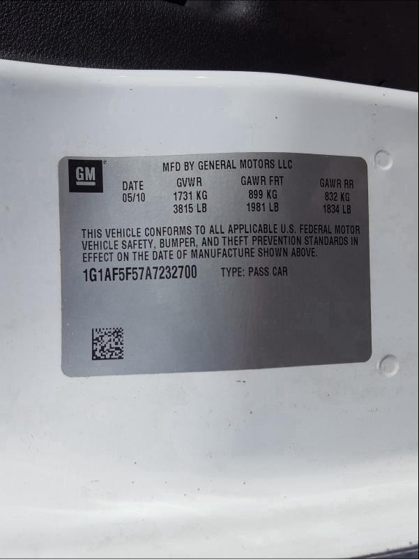 2010 CHEVROLET COBALT 2LT 1G1AF5F57A7232700