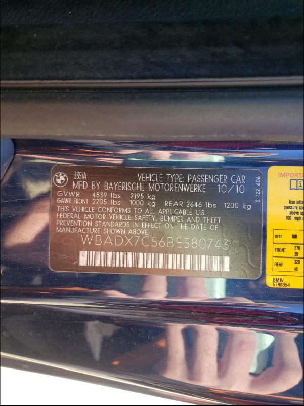 2011 BMW 335 I WBADX7C56BE580743