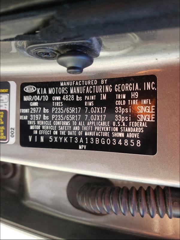 2011 KIA SORENTO BA 5XYKT3A13BG034858