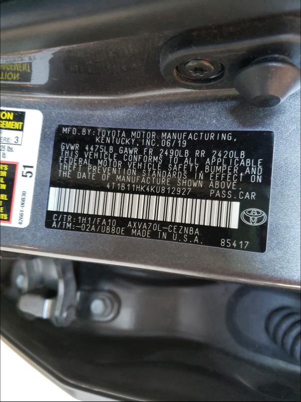 2019 TOYOTA CAMRY 4T1B11HK4KU812927