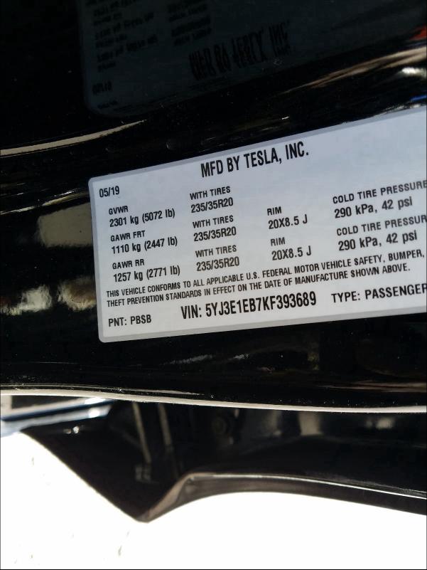 2019 TESLA MODEL 3 5YJ3E1EB7KF393689