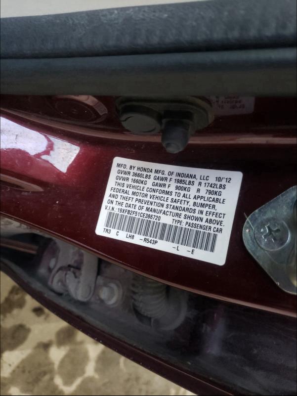 2012 HONDA CIVIC LX 19XFB2F51CE386720