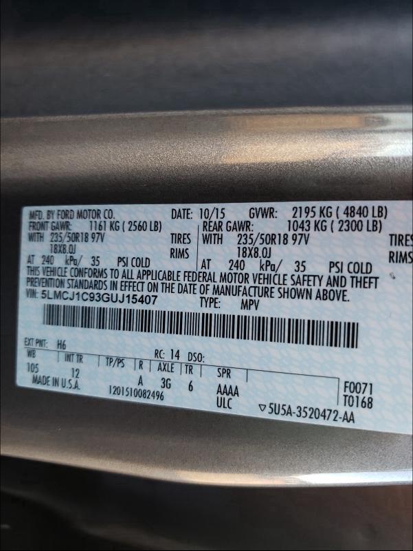 2016 LINCOLN MKC PREMIE 5LMCJ1C93GUJ15407