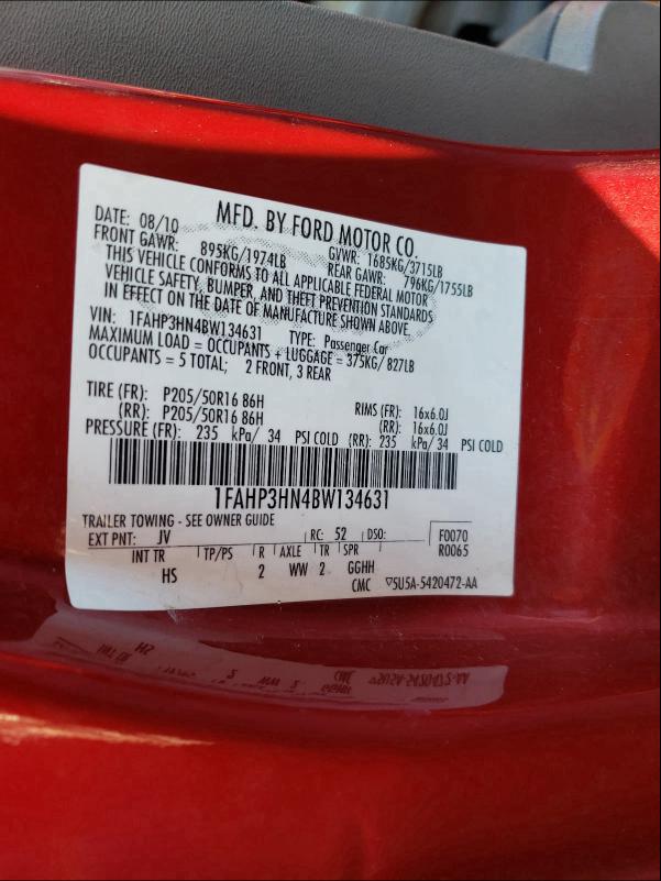 2011 FORD FOCUS SEL 1FAHP3HN4BW134631