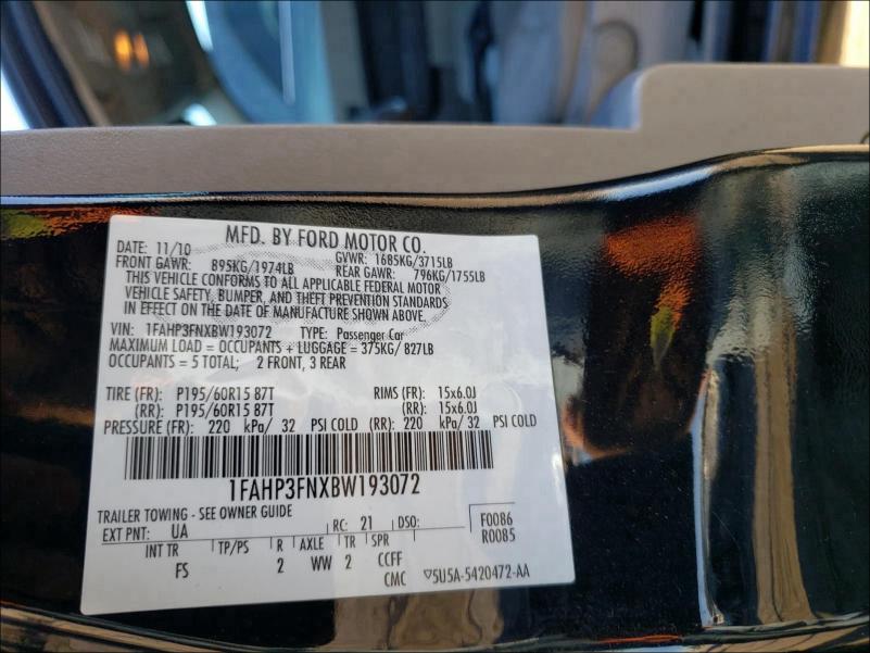 2011 FORD FOCUS 1FAHP3FNXBW193072