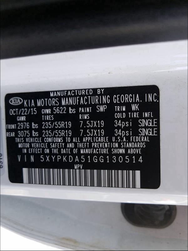 2016 KIA SORENTO SX 5XYPKDA51GG130514