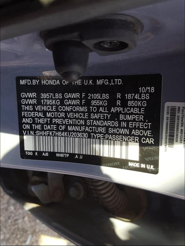 2019 HONDA CIVIC EX SHHFK7H64KU203630