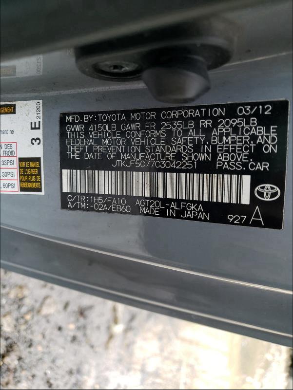 2012 TOYOTA SCION TC JTKJF5C77C3042251