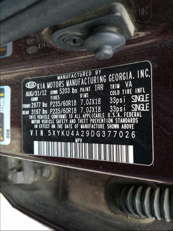 2013 KIA SORENTO EX 5XYKU4A29DG377026