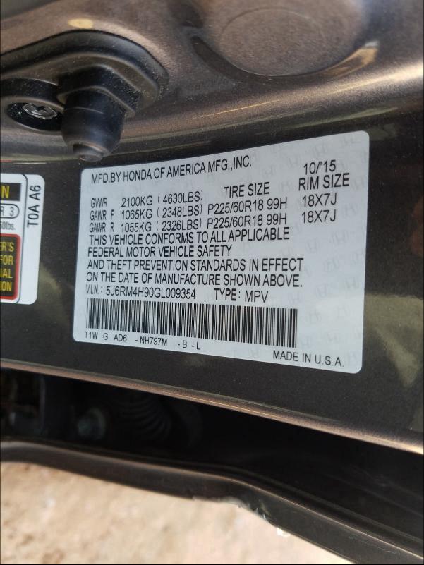 2016 HONDA CR-V TOURI 5J6RM4H90GL009354