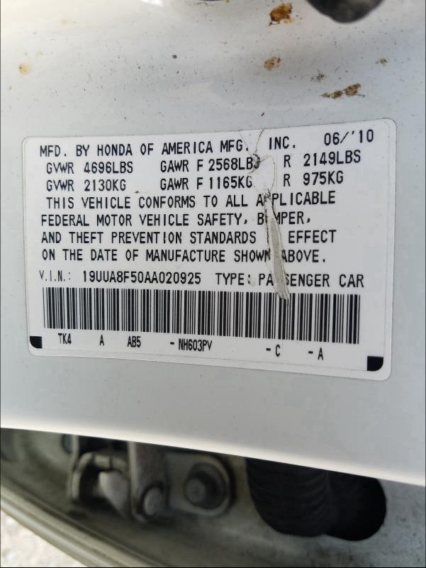 2010 ACURA TL 19UUA8F50AA020925