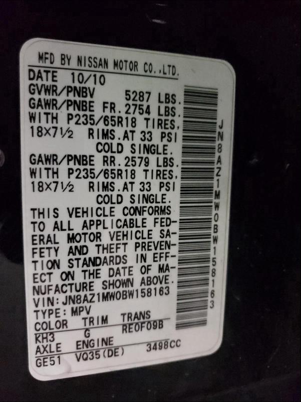 2011 NISSAN MURANO S JN8AZ1MW0BW158163