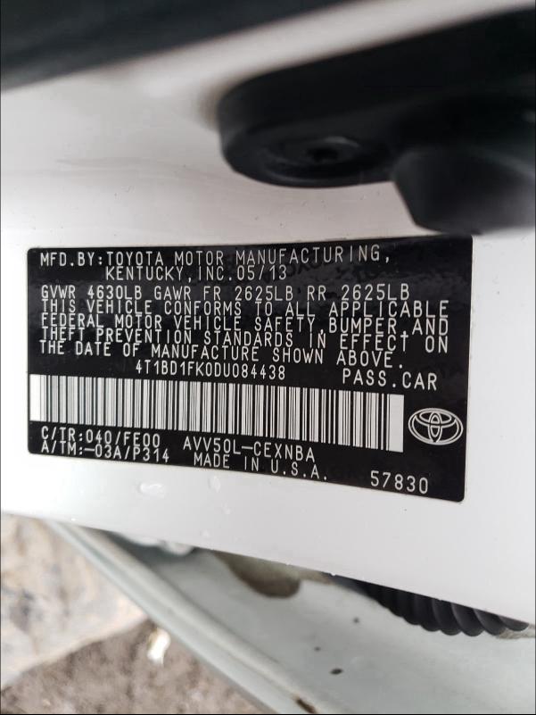 2013 TOYOTA CAMRY HYBR 4T1BD1FK0DU084438