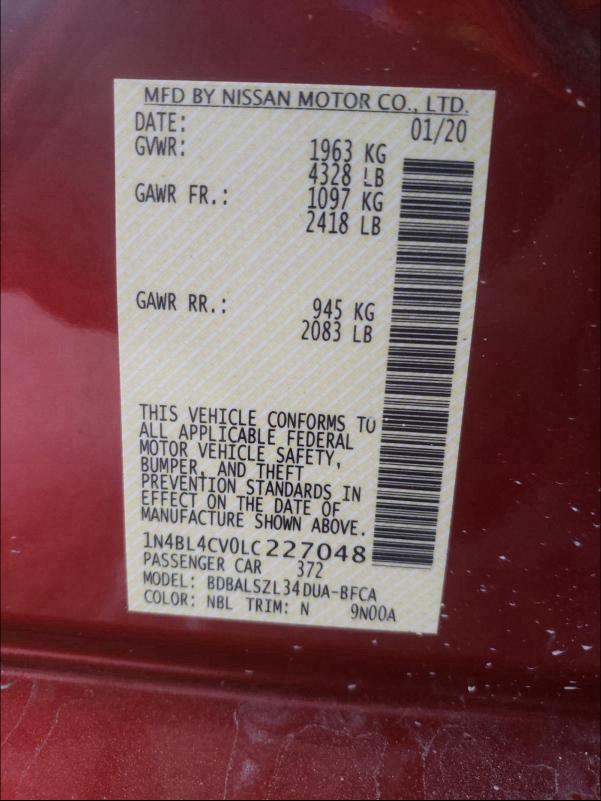 2020 NISSAN ALTIMA SR 1N4BL4CV0LC227048
