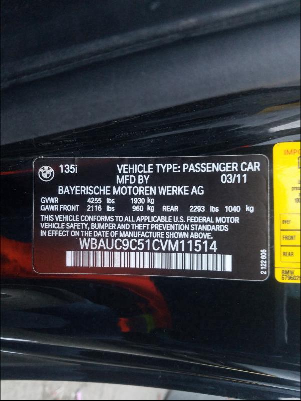2012 BMW 135 I - WBAUC9C51CVM11514