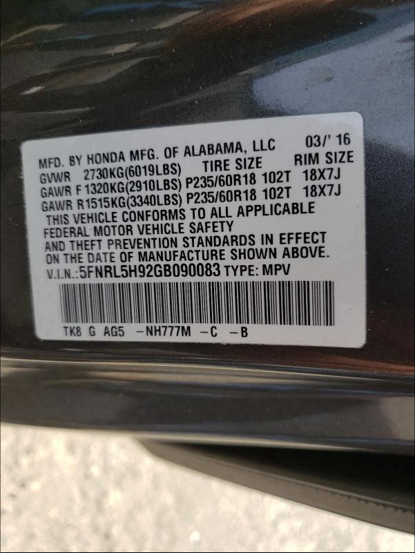 2016 HONDA ODYSSEY TO 5FNRL5H92GB090083